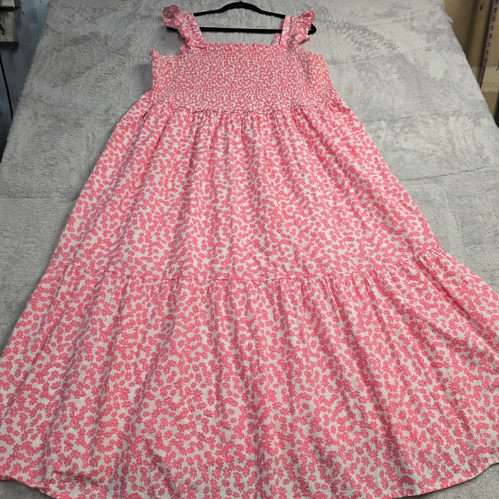 Women's Maxi Dress Plus Size 3X Pink Floral Smocked Cottagecore Tiered Pockets - Picture 3 of 10